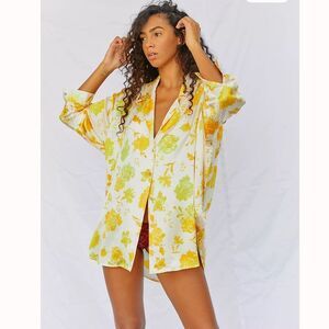 Free People Intimately Silk Sleep Shirt‎ Yellow Floral Large